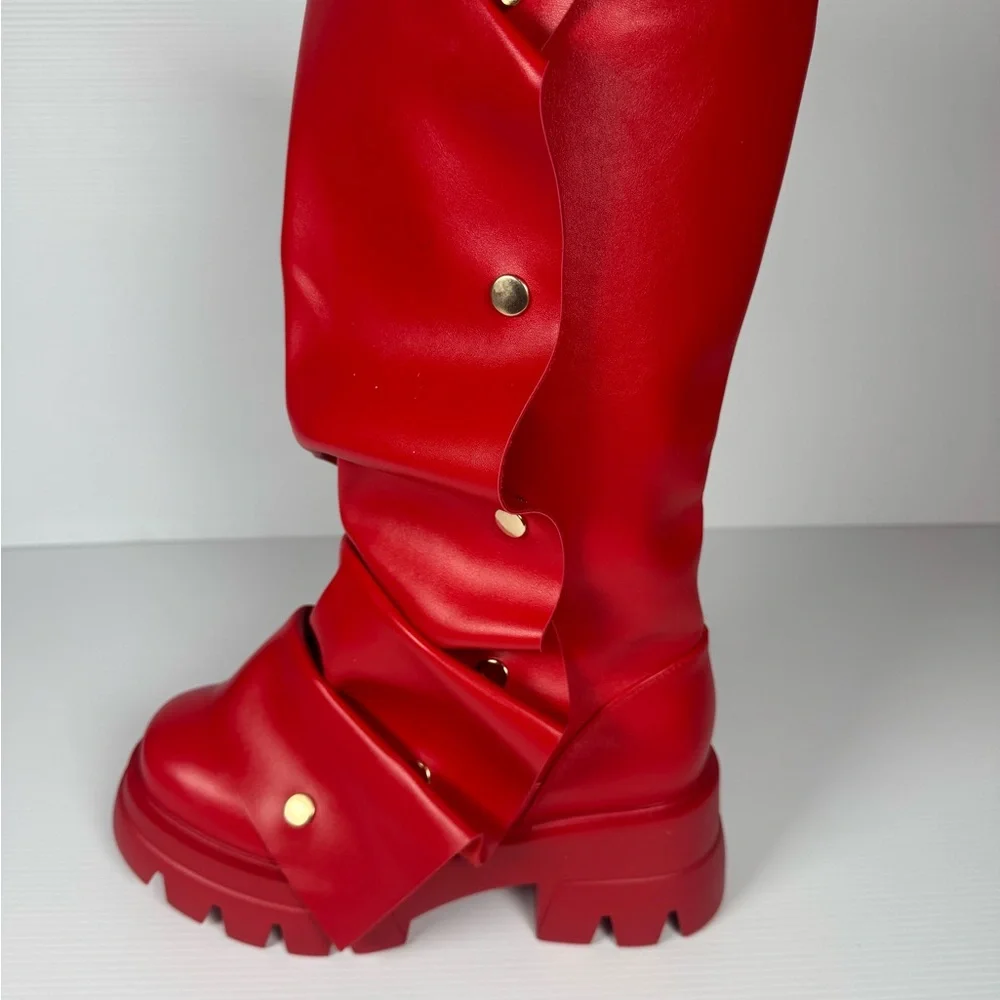 Women's Red Slouch Platform Knee Boots